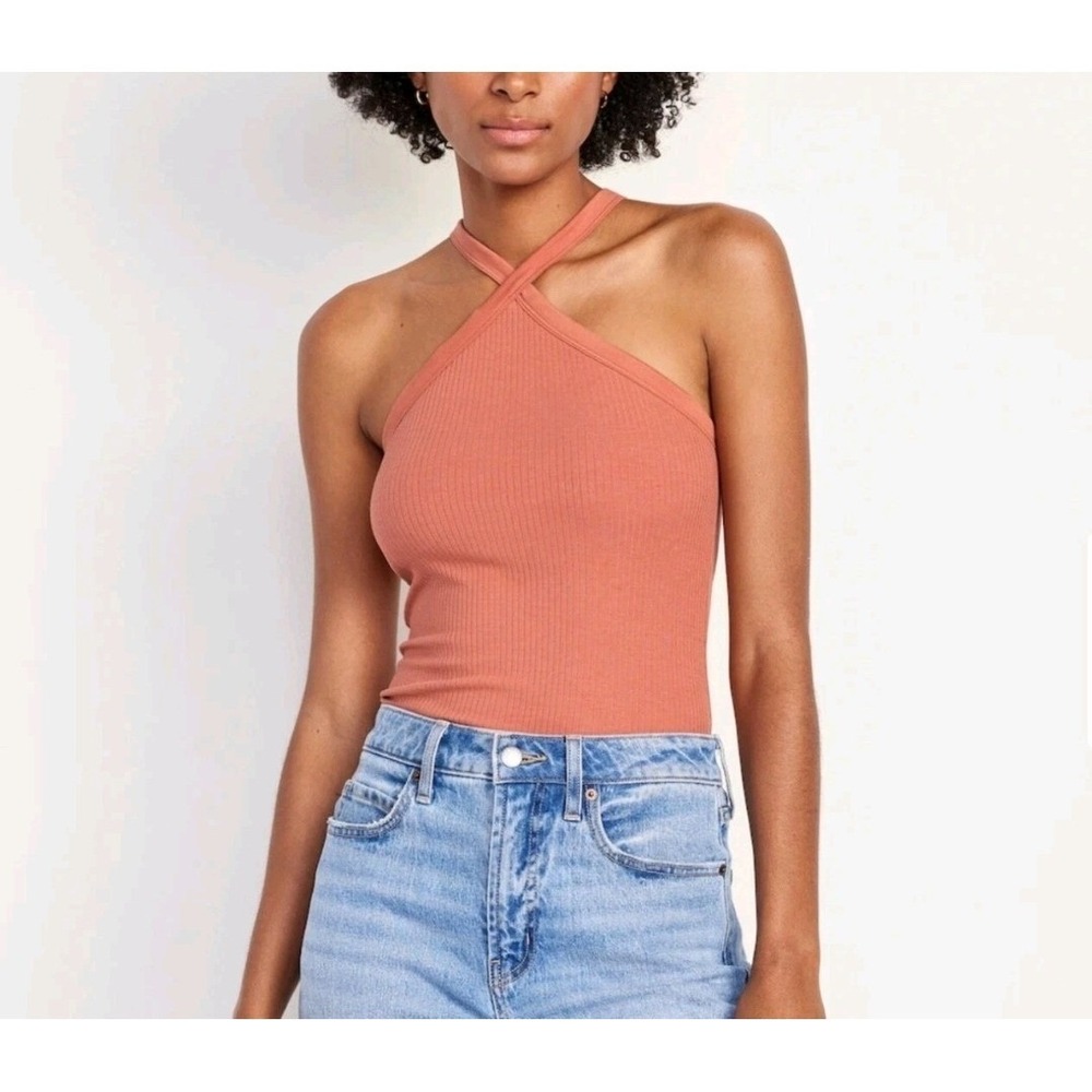 Set of 2 – Old Navy Ribbed Cross-Front Halter Tank Tops XL Tall NWT Built in Bra